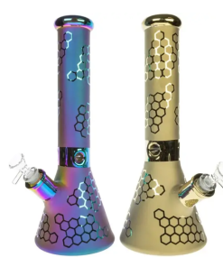 HILLSIDE GLASS 8″ GOLD IRIDESCENT BEAKER BONG